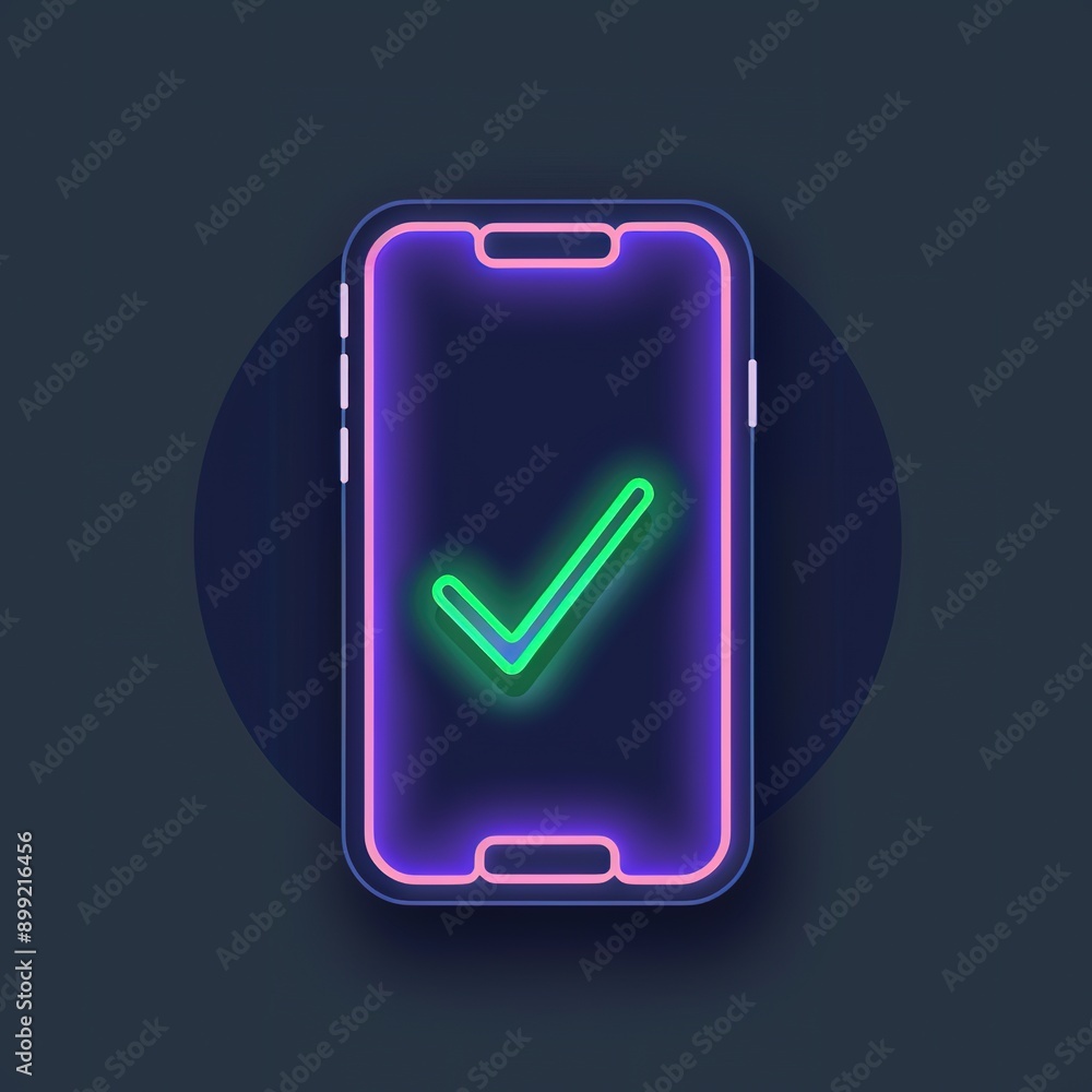Neon Green Checkmark on Purple Mobile Phone Outline - Minimalist Vector Art Icon for Apps and Interfaces Neon Green Checkmark on Purple Mobile Phone Outline - Minimalist Vector Art Icon for Apps and Interfaces