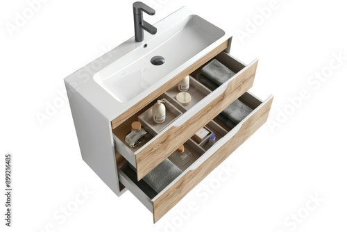 Modern Bathroom Vanity With Open Drawers and Natural Light