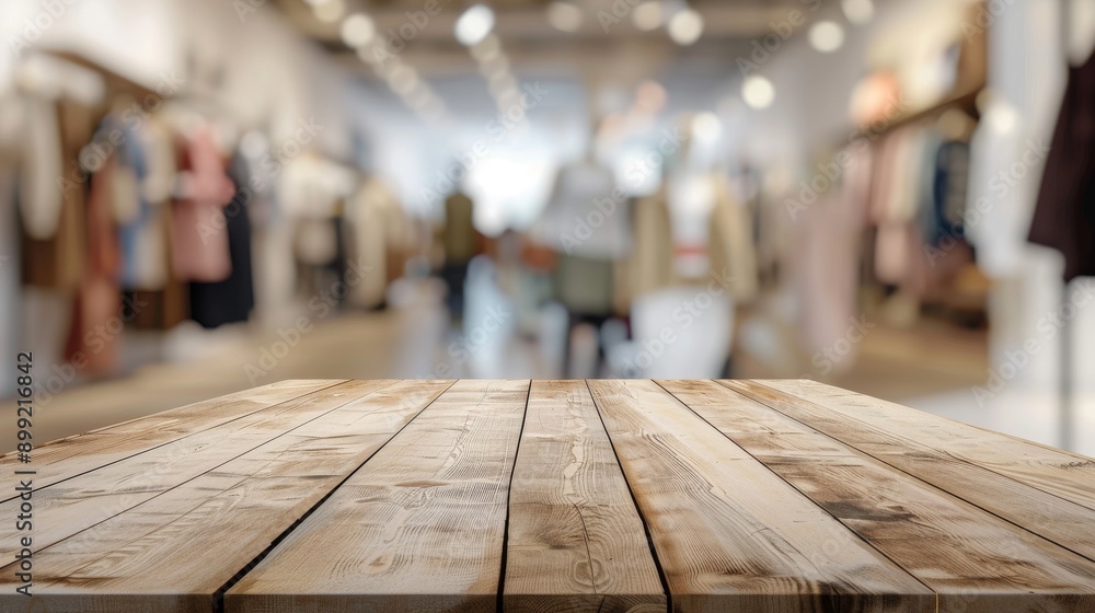 Wooden Table Display in Blurred Store Interior Wooden Table Display in Blurred Store Interior