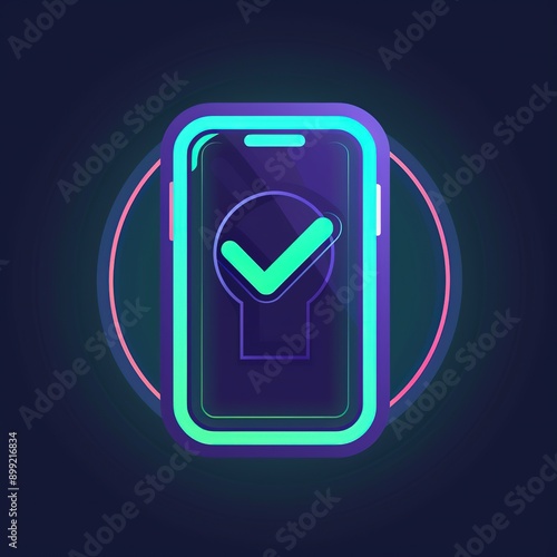 Neon Green Checkmark on Purple Mobile Phone Outline - Minimalist Vector Art Icon for Apps and Interfaces