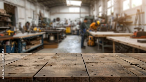 Rustic Wooden Table in a Busy Workshop