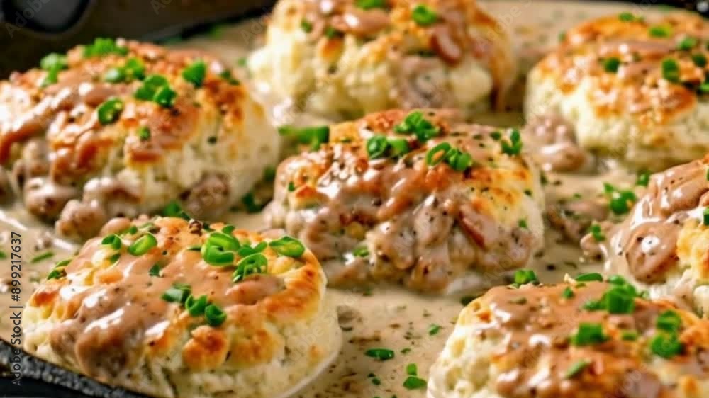 Fluffy drop biscuits with a golden brown exterior, scattered around a cast iron skillet filled with creamy sausage gravy. Fresh chives are sprinkled on Top 4K HD Video Clip Fluffy drop biscuits with a golden brown exterior, scattered around a cast iron skillet filled with creamy sausage gravy. Fresh chives are sprinkled on Top 4K HD Video Clip