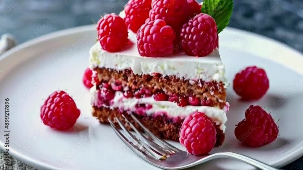 a piece of cake on a plate with raspberries and a fork Full HD Video Clip 4K a piece of cake on a plate with raspberries and a fork Full HD Video Clip 4K