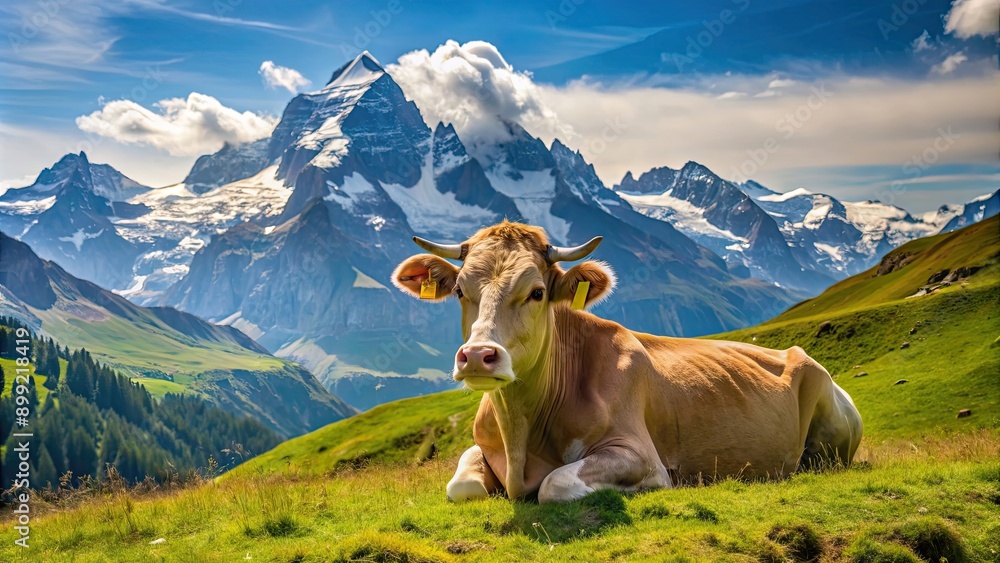 Relaxed cow on alpine meadow with snow-capped mountains in the background, cow, relaxed, alpine meadow Relaxed cow on alpine meadow with snow-capped mountains in the background, cow, relaxed, alpine meadow