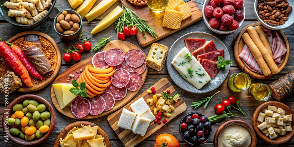 Fototapeta premium Table setting with a variety of snacks, cold cuts, assorted bars, and cheeses. View from above, buffet, table, setting