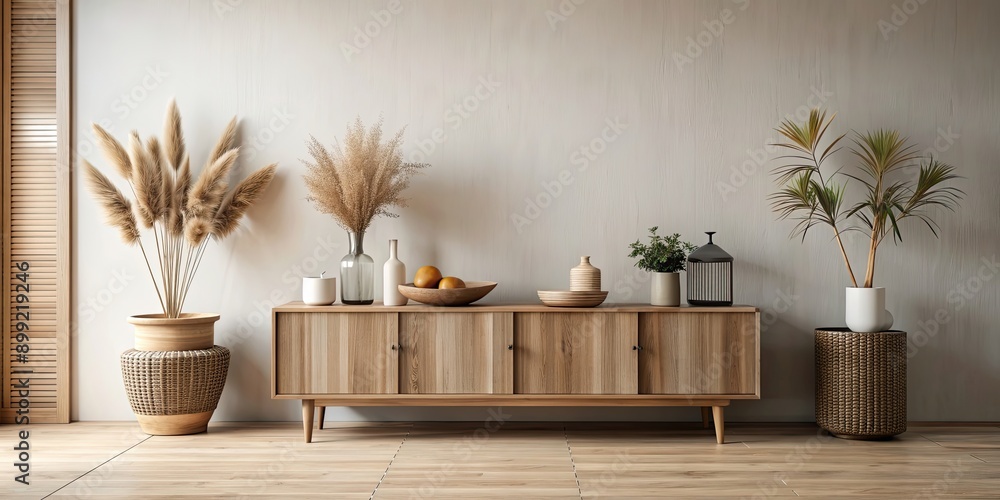 Modern minimalist interior with a wooden sideboard, rustic vases, and dried botanical arrangements, modern, minimalist Modern minimalist interior with a wooden sideboard, rustic vases, and dried botanical arrangements, modern, minimalist