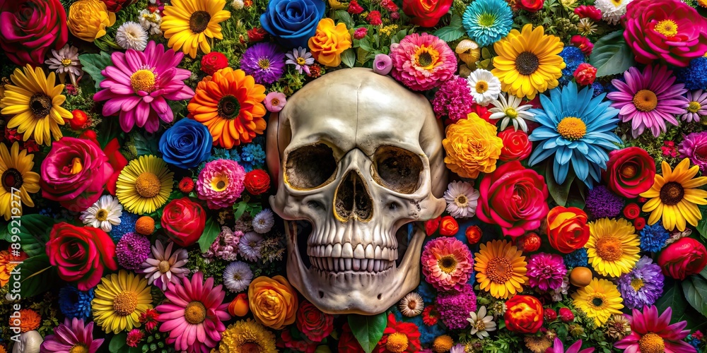 A detailed photo of a skull surrounded by colorful flowers, Skull, flowers, nature, still life, macabre, vibrant, death, contrast A detailed photo of a skull surrounded by colorful flowers, Skull, flowers, nature, still life, macabre, vibrant, death, contrast