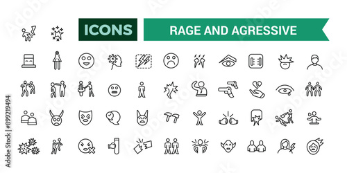 Rage and Agressive icons set. Outline icons pack. Editable vector line icon set and illustration for web and UI application.