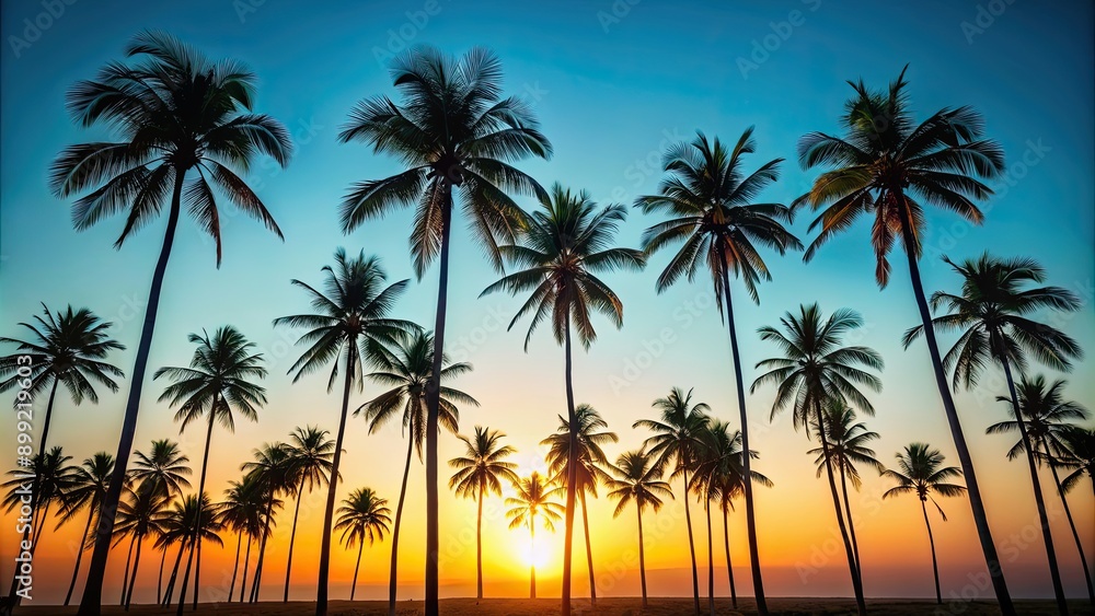 Silhouette of multiple palm trees against a clear sky, coconut, tropical, beach, flora, nature, plants, sunset, landscape Silhouette of multiple palm trees against a clear sky, coconut, tropical, beach, flora, nature, plants, sunset, landscape