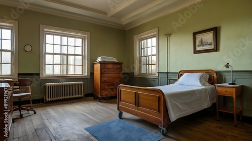 Unused old hospital with bed decayed furniture in the hospital grungy haunting look deteriorated bed
