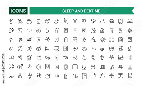 Sleep and Bedtime icons set. Outline icons pack. Editable vector line icon set and illustration for web and UI application.