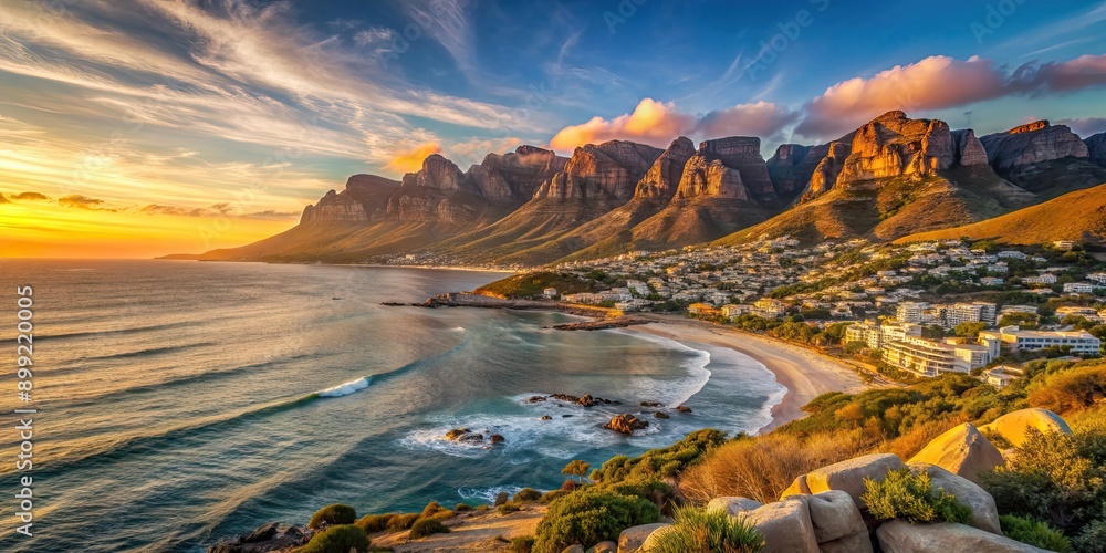 Fototapeta premium Scenic sunset at Camps Bay with views of the 12 Apostles mountains in Cape Town, sunset, Camps Bay