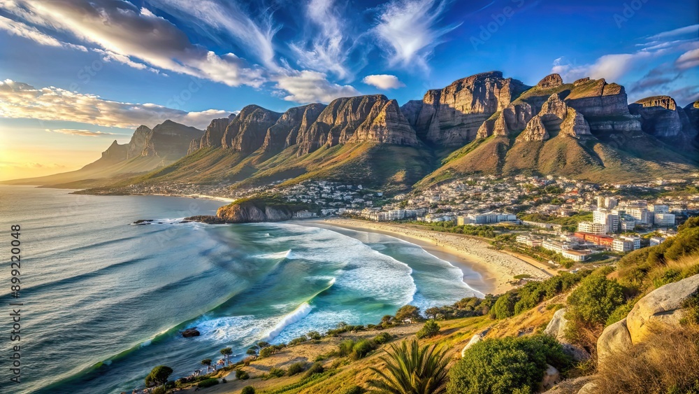 Obraz premium Landscape of Camps Bay with the stunning backdrop of the 12 Apostles mountain range in Cape Town, South Africa, Camps Bay