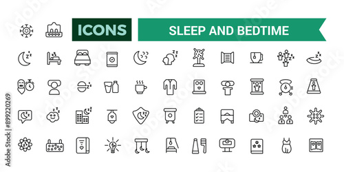 Sleep and Bedtime icons set. Outline icons pack. Editable vector line icon set and illustration for web and UI application.