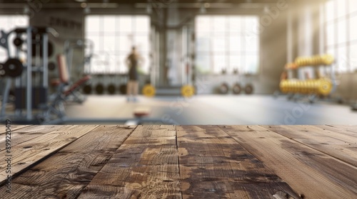 Wallpaper Mural Wooden Tabletop with Blurred Gym Background Torontodigital.ca