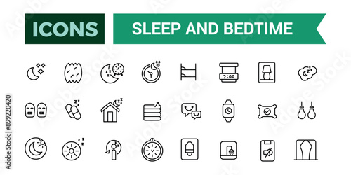 Sleep and Bedtime icons set. Outline icons pack. Editable vector line icon set and illustration for web and UI application.