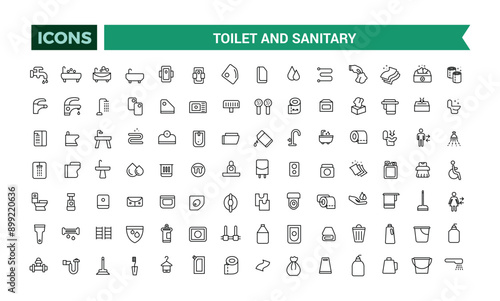 Toilet and Sanitary icons set. Outline set of toilet vector icons for ui design. Outline icons pack. Editable vector line icon set and illustration for web and UI application.