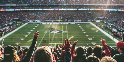 a view down the ranks at an american football stadium. The back of fans are visible that are cheering and supporting their team.generative ai