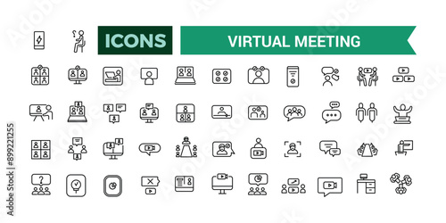Virtual Meeting icons collection. Outline icons pack. Editable vector icon set and illustration for web and UI.