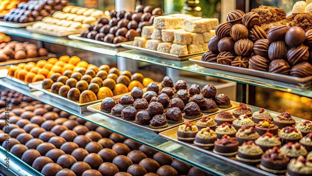 Variety of chocolates displayed in a shop window in Dnipropetrovsk, Ukraine , shop window, chocolate, assortment Variety of chocolates displayed in a shop window in Dnipropetrovsk, Ukraine , shop window, chocolate, assortment