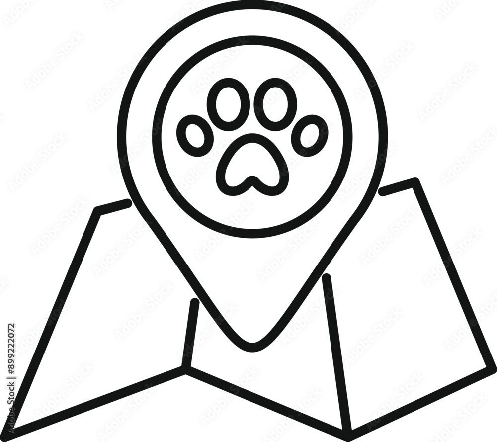 Simple line icon of a location pin pointing to a pet paw print on a map, perfect for representing dog parks, pet stores, or other pet related locations Simple line icon of a location pin pointing to a pet paw print on a map, perfect for representing dog parks, pet stores, or other pet related locations