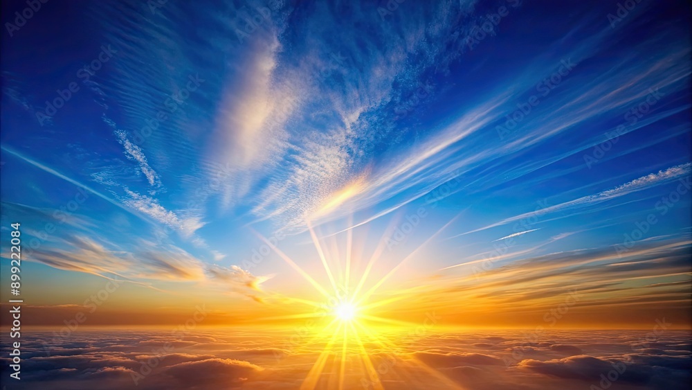 Fototapeta premium Sunrise in a clear blue sky, sunrise, morning, dawn, sun, sky, blue, clear, bright, nature, landscape, horizon