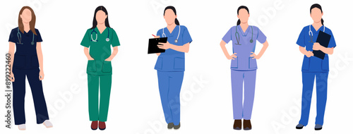 Female nurses character in different poses isolated vector illustration. 