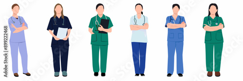 Female nurses character in different poses isolated vector illustration. 