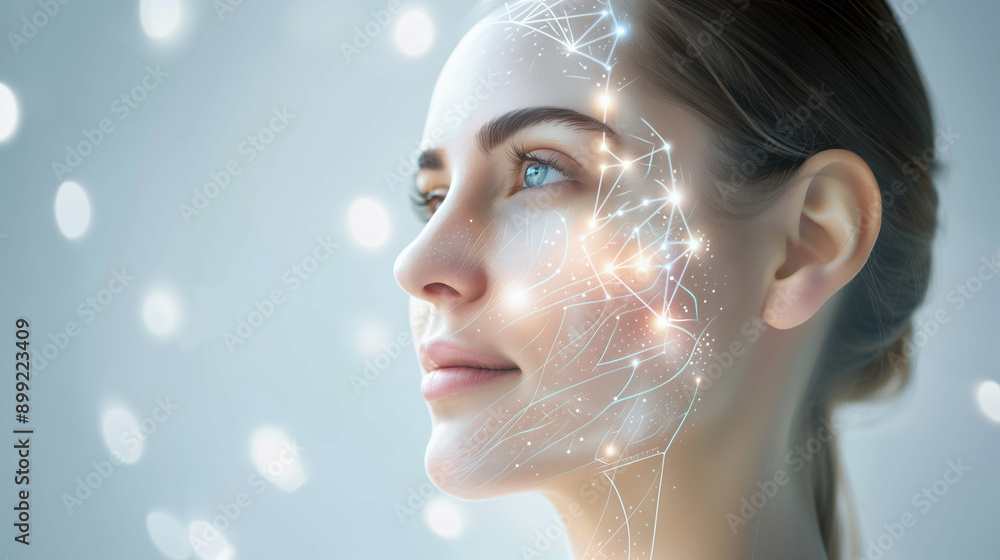 Model Highlighting Youthful Skin Benefits of Collagen with Hologram on Clean Soft Background Model Highlighting Youthful Skin Benefits of Collagen with Hologram on Clean Soft Background