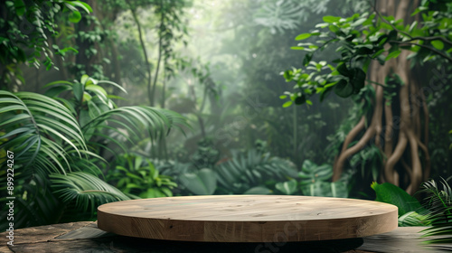 Serene Wooden Podium in Lush Tropical Forest for Product Presentation with Green Foliage Background