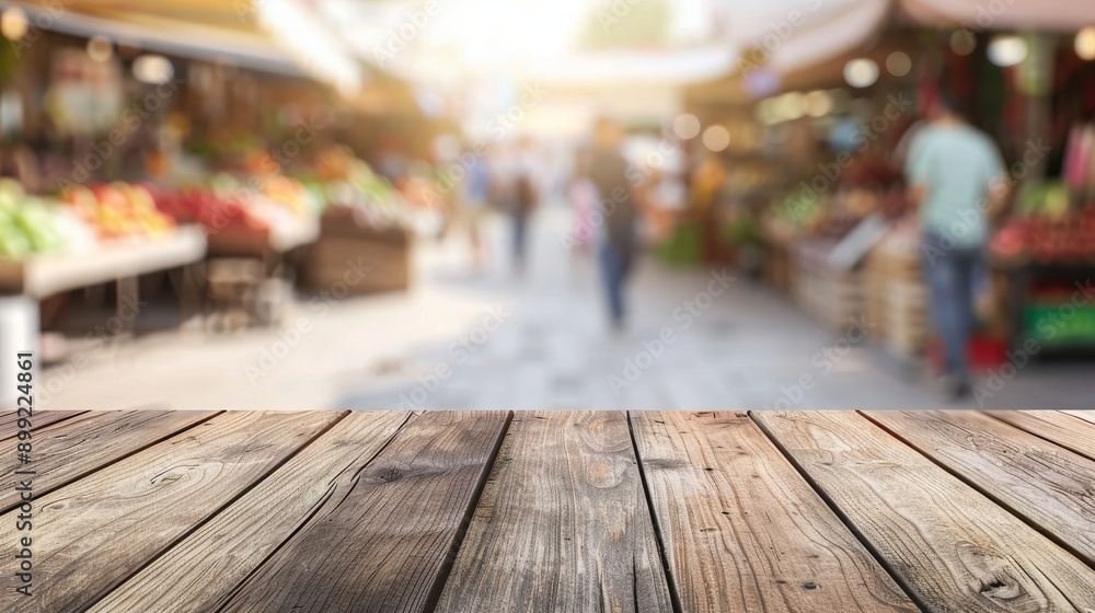 Rustic Wooden Tabletop with Blurred Market Background Rustic Wooden Tabletop with Blurred Market Background