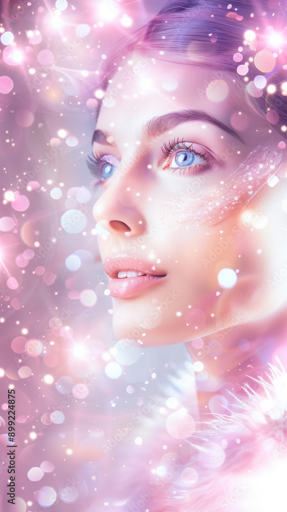 Model with Radiant Skin Highlighting Collagen’s Elasticity and Wrinkle Benefits with Hologram on Clean Background Model with Radiant Skin Highlighting Collagen’s Elasticity and Wrinkle Benefits with Hologram on Clean Background