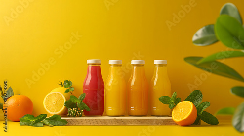  glass bottle filled with juice, surrounded by many fruits, against a yellow background