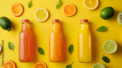  glass bottle filled with juice, surrounded by many fruits, against a yellow background