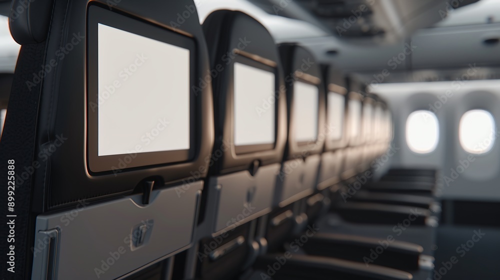 Airplane seat interior with blank screens on backrests Airplane seat interior with blank screens on backrests