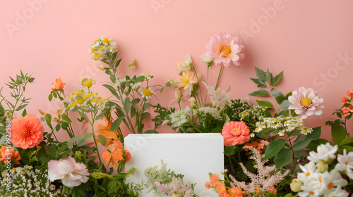 A product display stand surrounded by flowers, against a clean pink background.