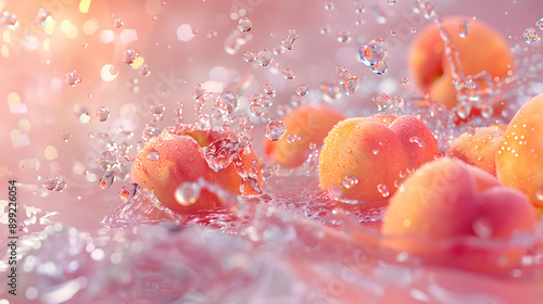 Peach falling onto the water surface, splashing water droplets, dynamic portrayal of fruit and splashing water.