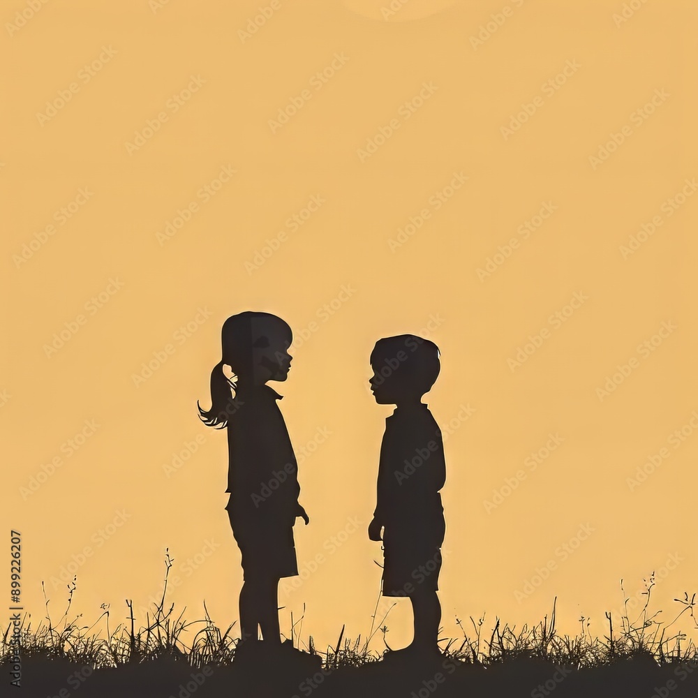 Silhouette of a Young Girl and Boy Against a Golden Sunset Silhouette of a Young Girl and Boy Against a Golden Sunset