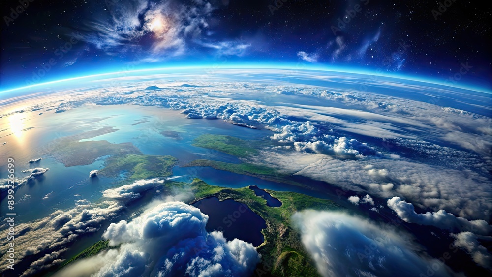 View of planet earth from the stratosphere showing ocean, clouds, and mountains, earth, planet, stratosphere, view View of planet earth from the stratosphere showing ocean, clouds, and mountains, earth, planet, stratosphere, view