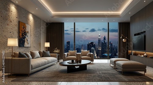 Modern style luxury interior with city view 3d render, There are terrazzo floor decorated wall with hidden light