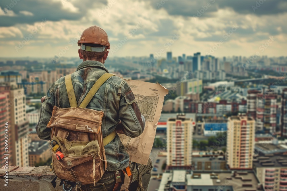 Builder man against cityscape