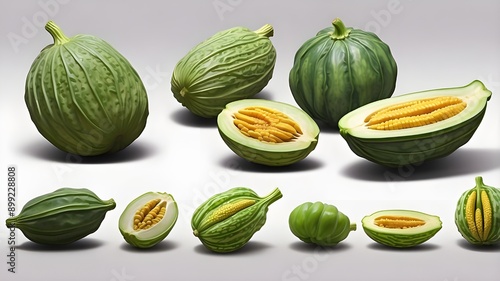 A range of stylistic variations of bitter melon, from a minimalist line drawing to a hyper-realistic digital painting, showcasing the versatility of this ingredient. photo