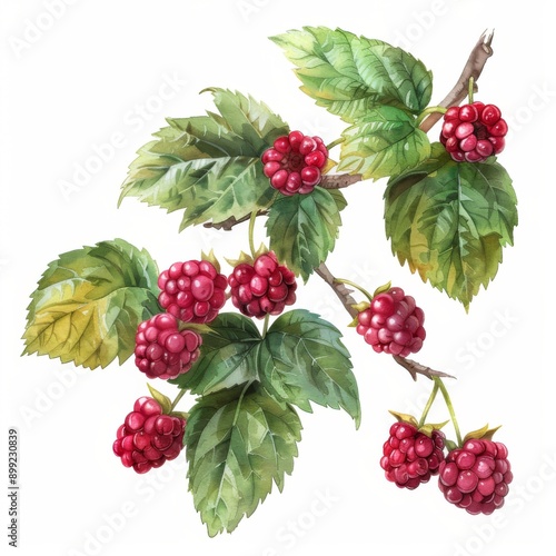 Raspberry bush, berries and leaves, natural setting, watercolor style, isolated on white background