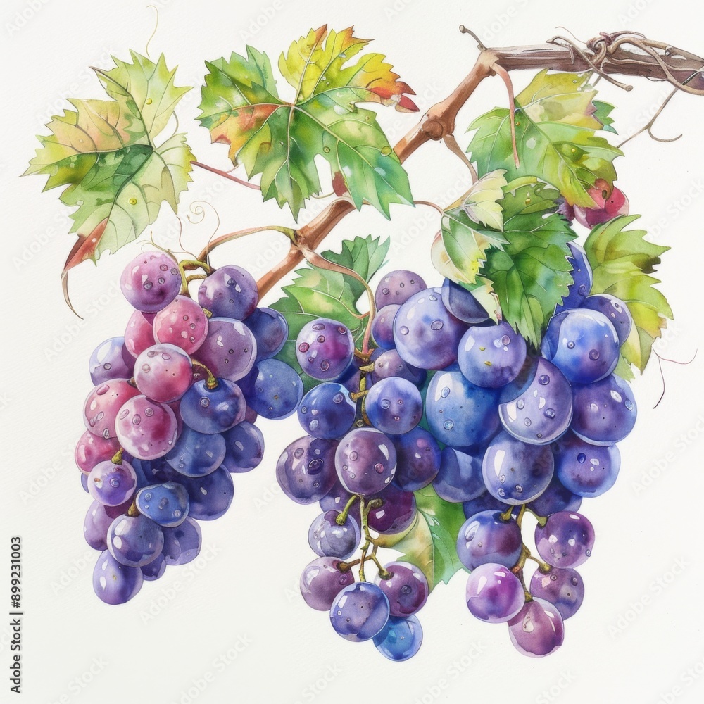 Fototapeta premium Grapes on the vine, sunlit scene, lush leaves, watercolor style, isolated on white background