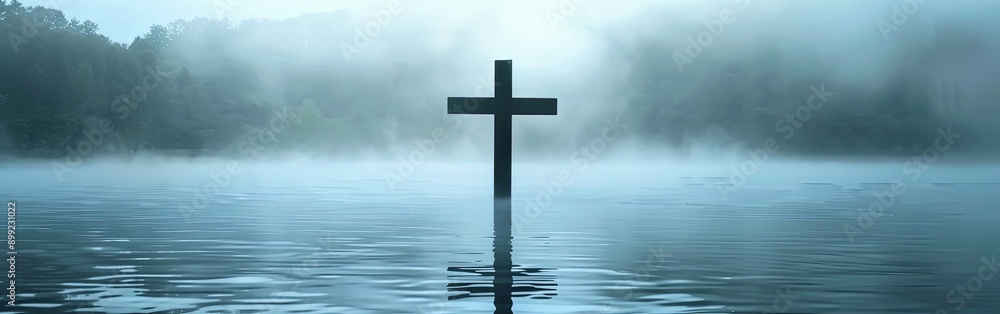 Solitary Cross Over Misty Water at Dawn Solitary Cross Over Misty Water at Dawn