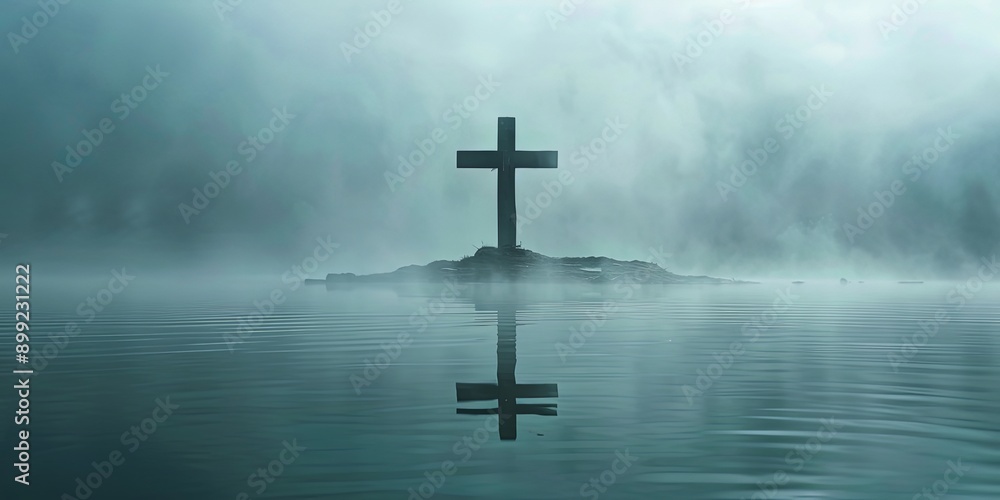 Naklejka premium Solitary Cross Over Misty Water at Dawn