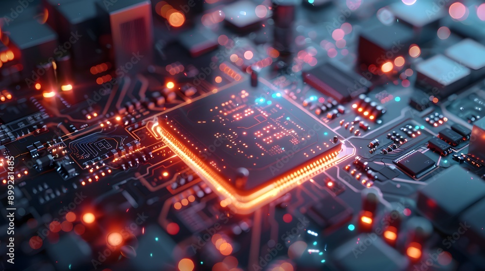 Computer Motherboard with CPU Chip and Glowing Lights. Computer Motherboard with CPU Chip and Glowing Lights.