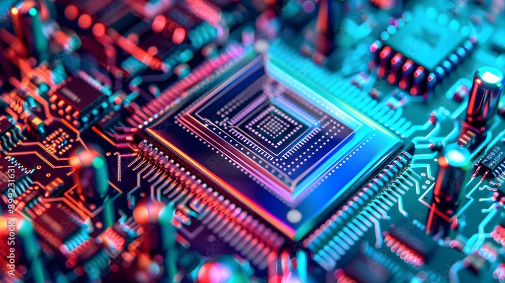 Closeup of a computer chip on a circuit board. Closeup of a computer chip on a circuit board.