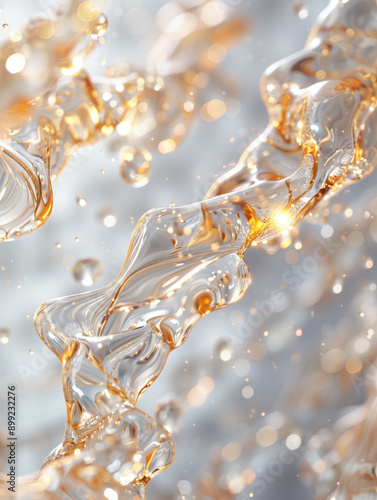 Elegant 3D Abstract Background Featuring Golden and Light Silver Water Molecules on White, Molecular Design photo