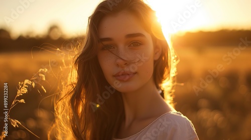 Caucasian woman with long hair in sunset field golden light illuminating face and hair creating dreamy atmosphere Outdoor portrait